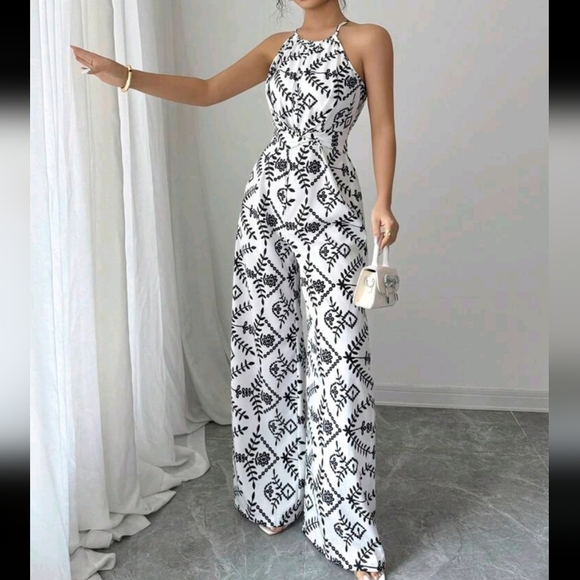 Women's Printed Fabric Cinched Waist Jumpsuits, Elegant Holiday And Daily Wear - Picture 4 of 4